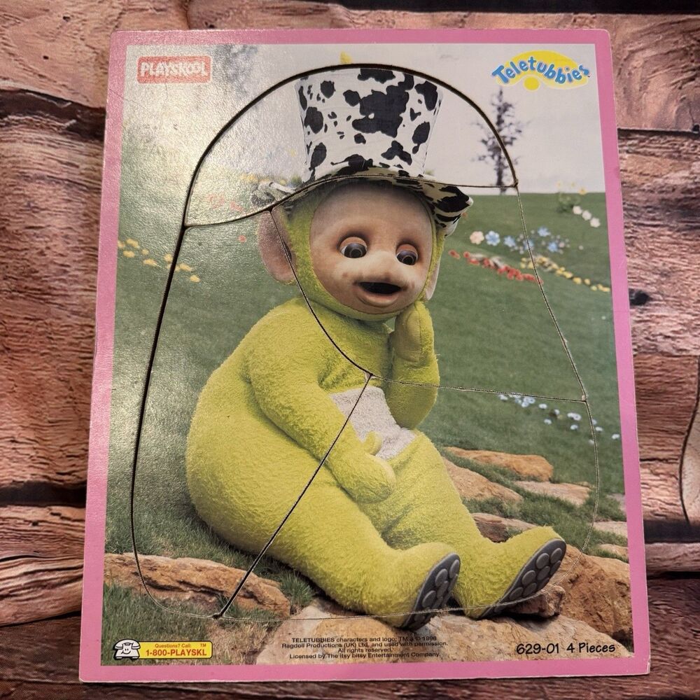 Vtg Playskool Teletubbies Green Dipsy Wooden Frame Tray 4pc  Puzzle 1998 Cow Hat